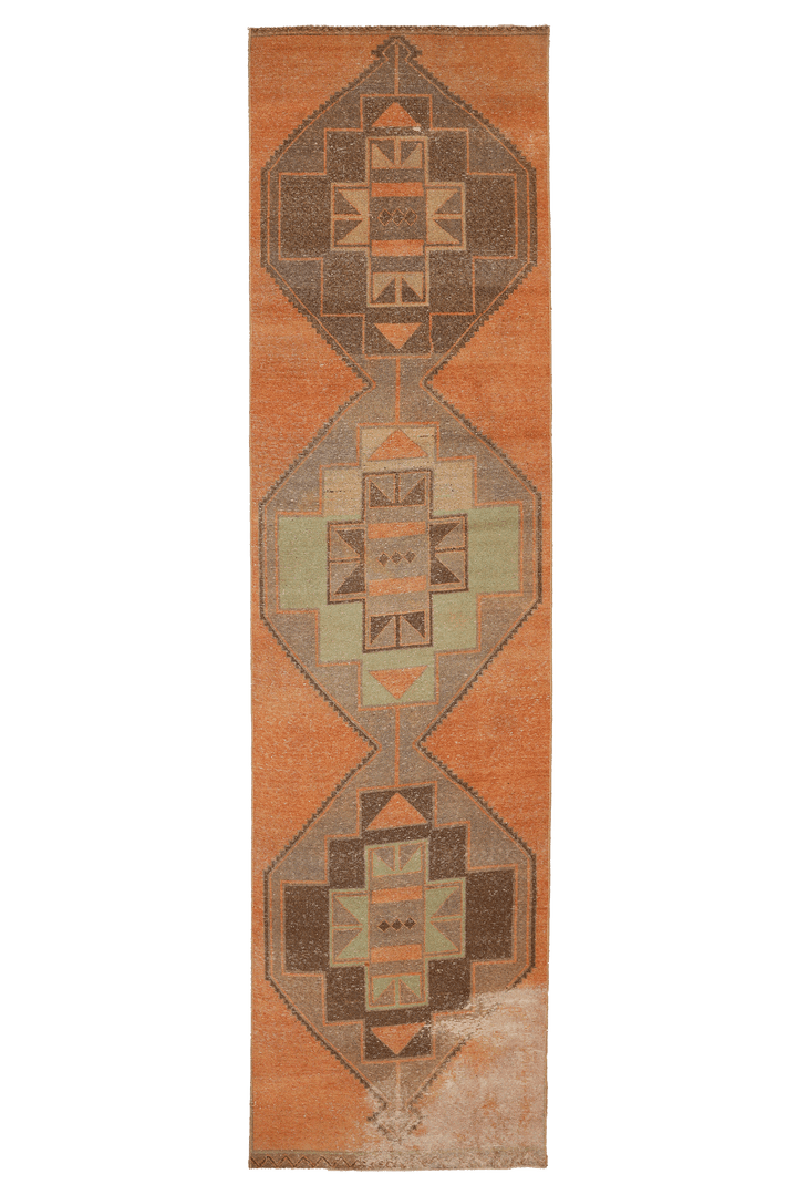 Vintage Malatya Turkish Runner Rug 3x12 ft — Orange & Brown Geometric (No. 20891)