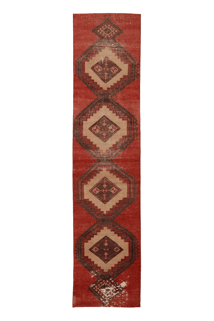 Vintage Malatya Turkish Runner Rug 3x13 ft — Red & Beige Geometric