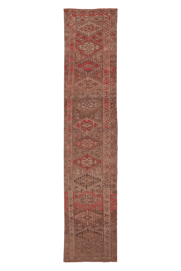 Vintage Southeastern Persian Style Runner Rug 3x14 ft — Brown & Red Geometric
