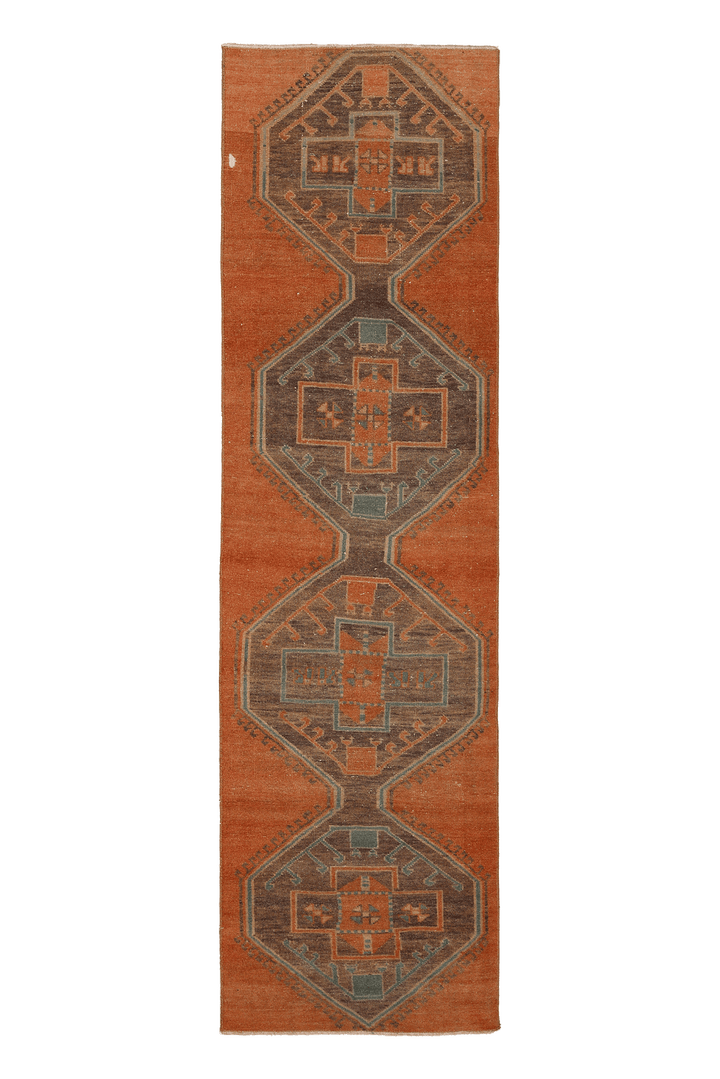 Vintage Malatya Turkish Runner Rug 2x8 ft — Orange & Brown Geometric