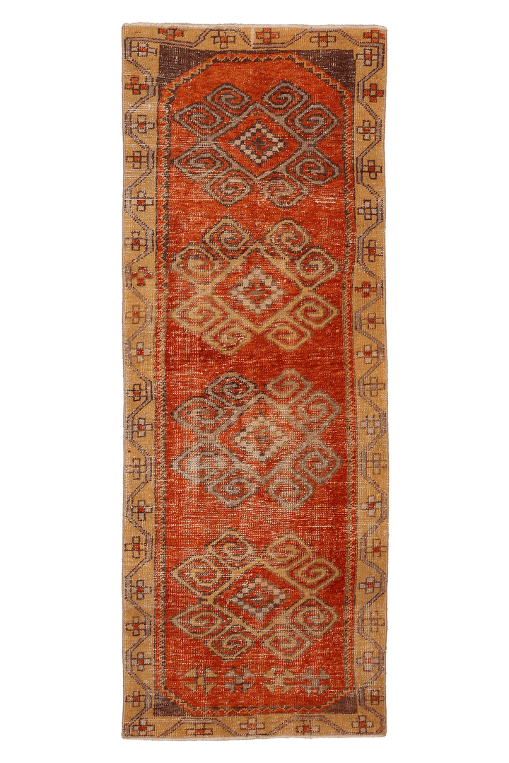 Vintage Malatya Turkish Runner Rug 2x7 ft — Orange & Beige Geometric