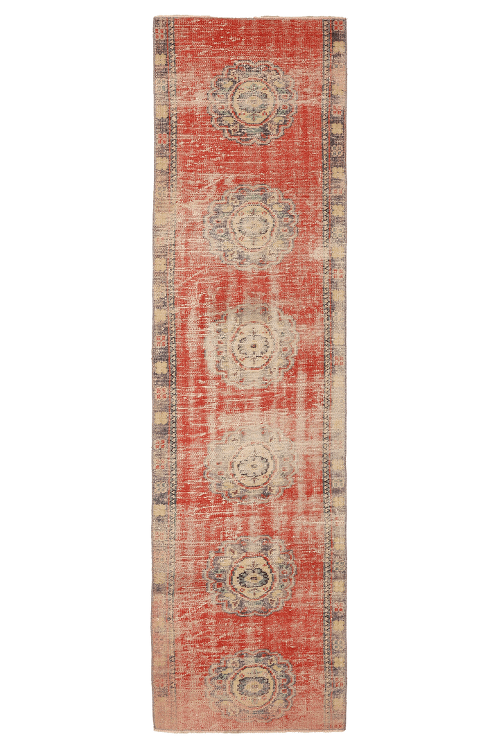 Vintage Manisa Turkish Runner Rug 2x9 ft — Red & Beige Distressed