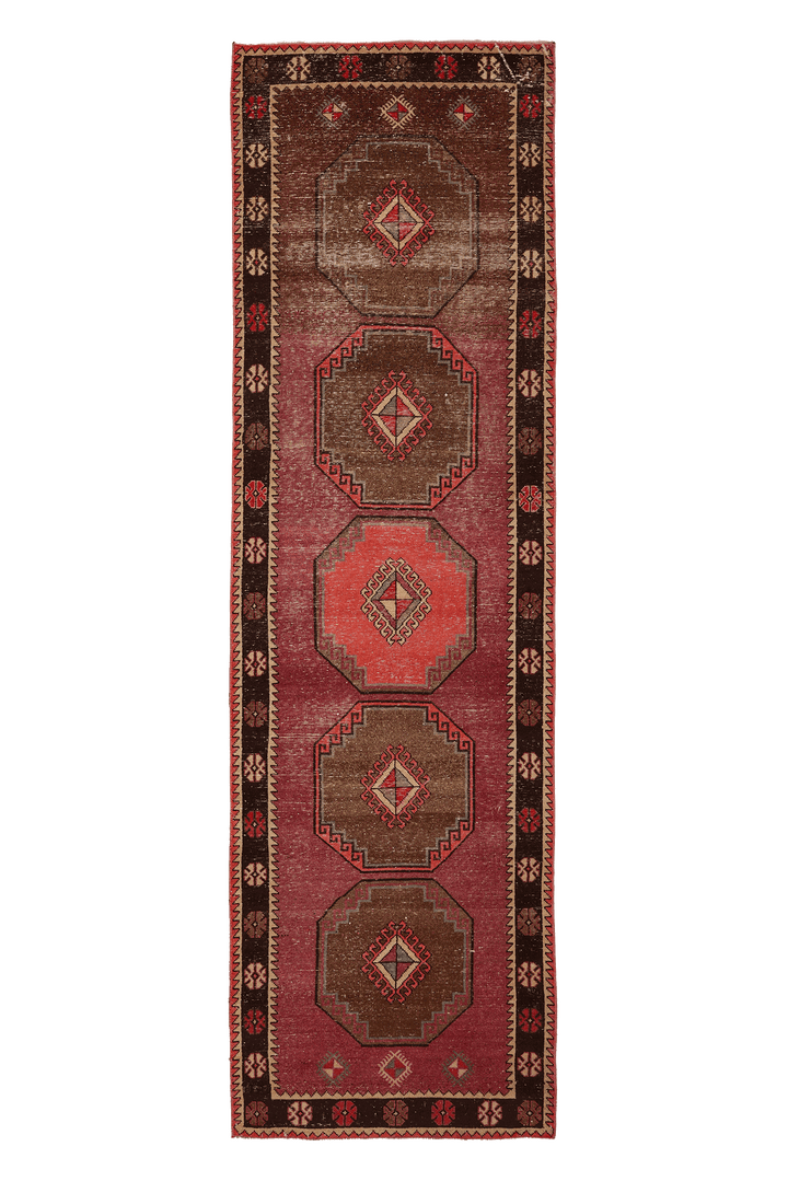 Vintage Malatya Turkish Runner Rug 4x13 ft — Red & Brown Geometric