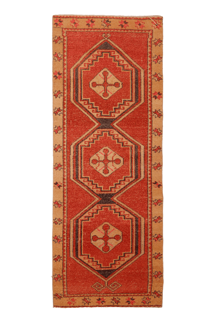 Vintage Malatya Turkish Runner Rug 3x9 ft — Red & Orange Geometric