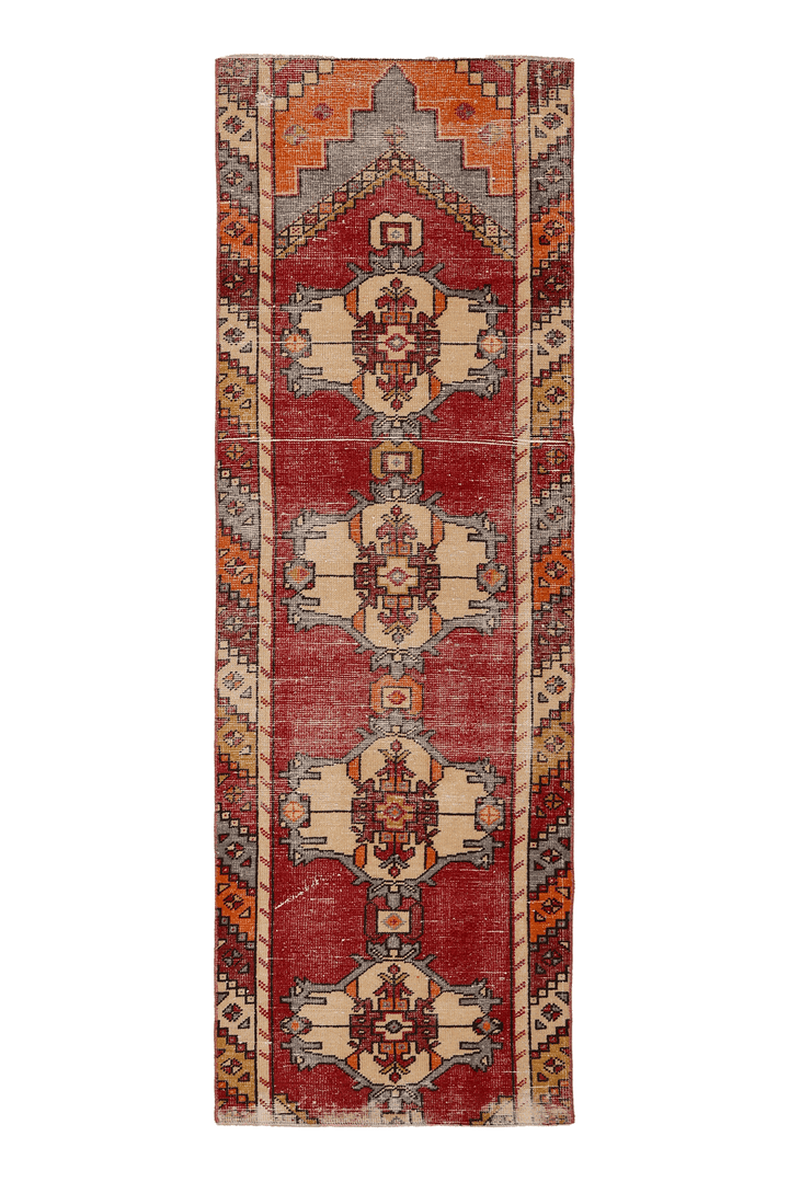 Vintage Nevşehir Turkish Runner Rug 2x7 ft — Red & Beige Geometric