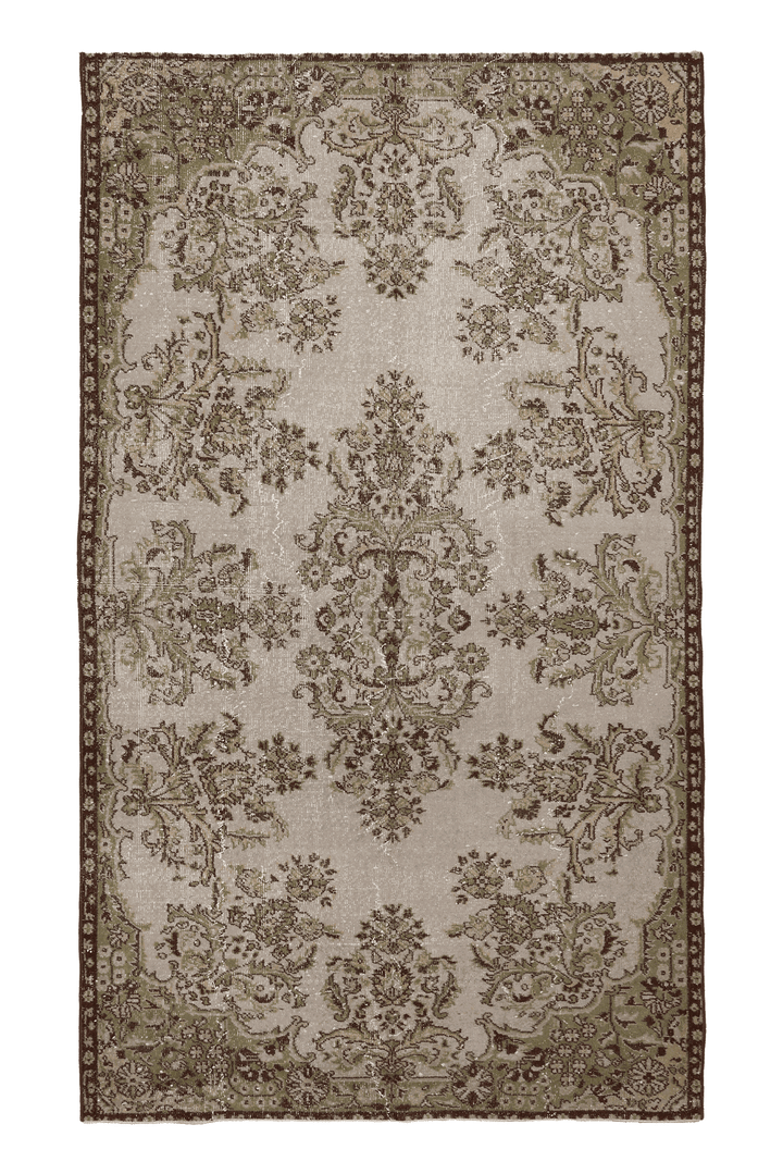 Vintage Isparta Turkish Area Rug 5x9 ft — Beige & Green Floral