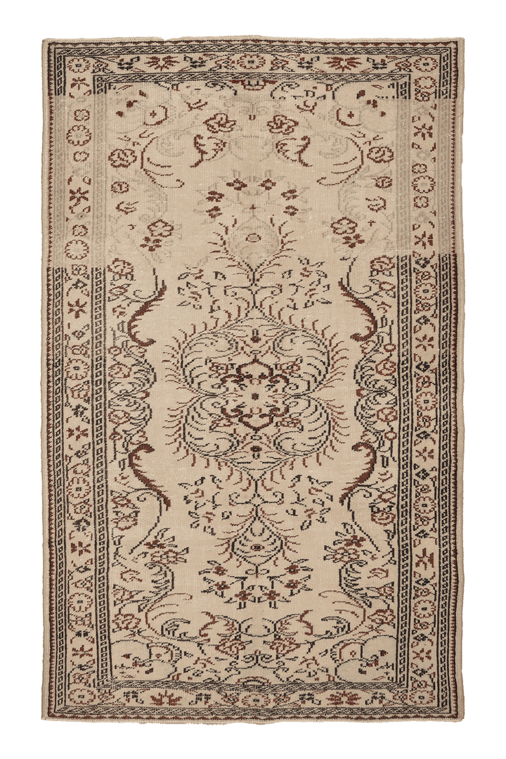 Vintage Manisa Turkish Area Rug 5x9 ft — Beige & Brown Floral