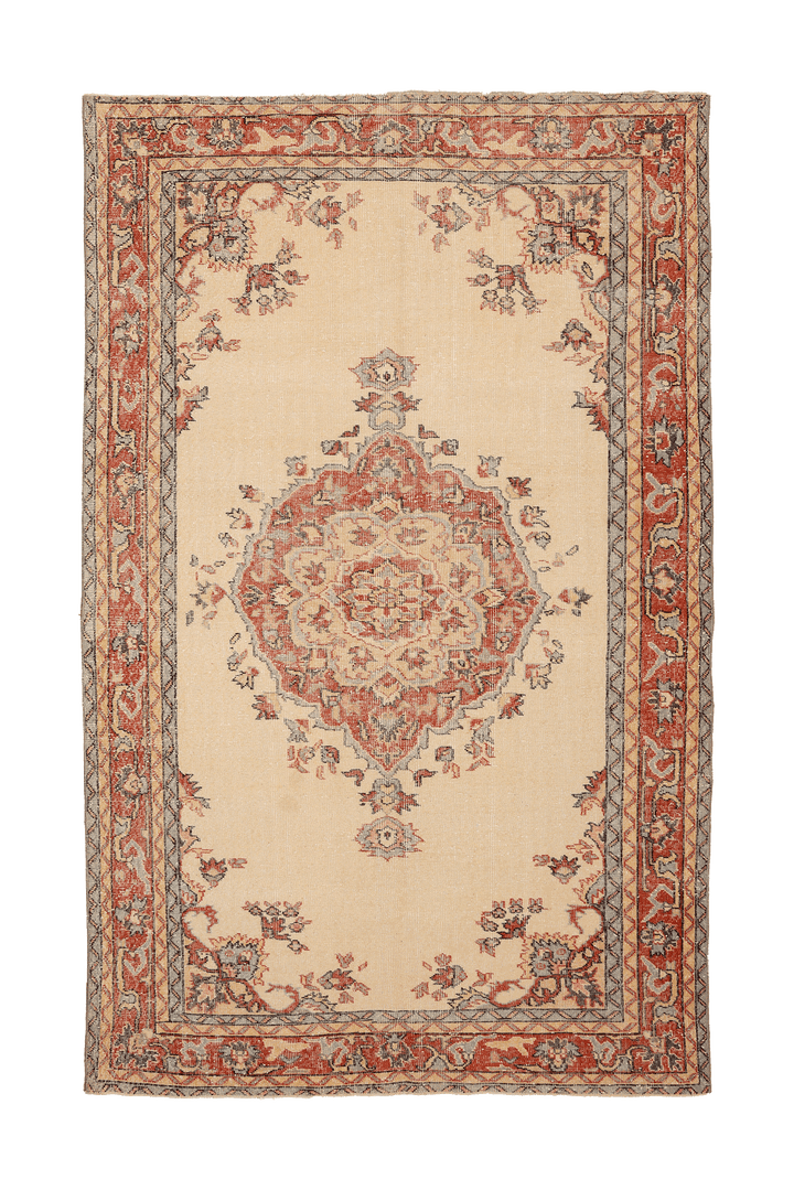 Vintage Isparta Turkish Area Rug 6x10 ft — Beige & Red Floral