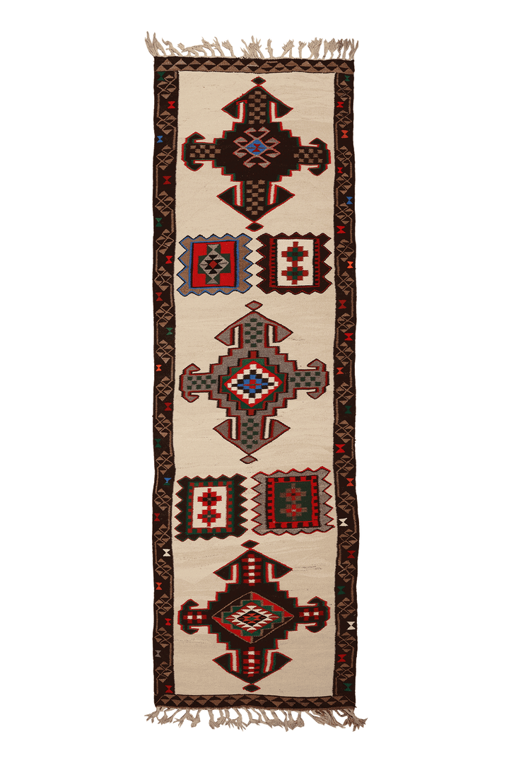 Vintage Southeastern Persian Style Kilim Runner Rug 3x12 ft — Beige & Brown Geometric