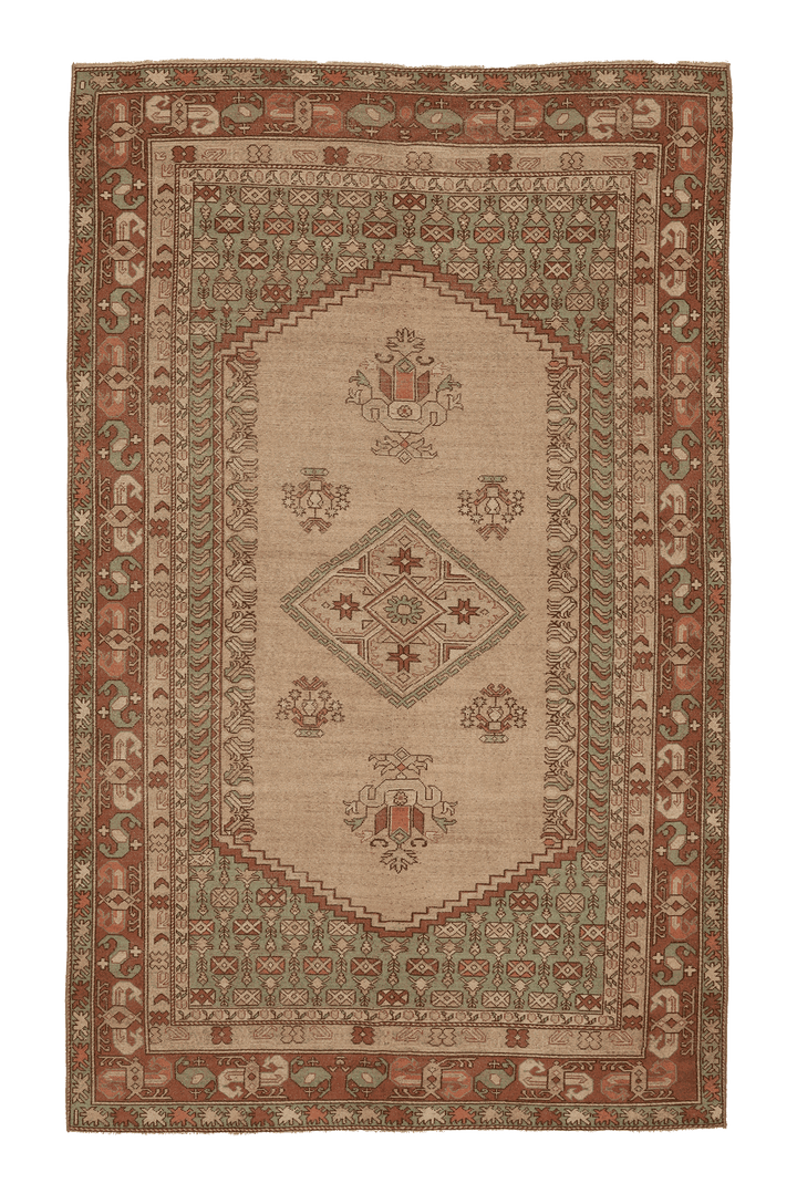 Vintage Uşak Turkish Area Rug 6x10 ft — Beige & Green Geometric