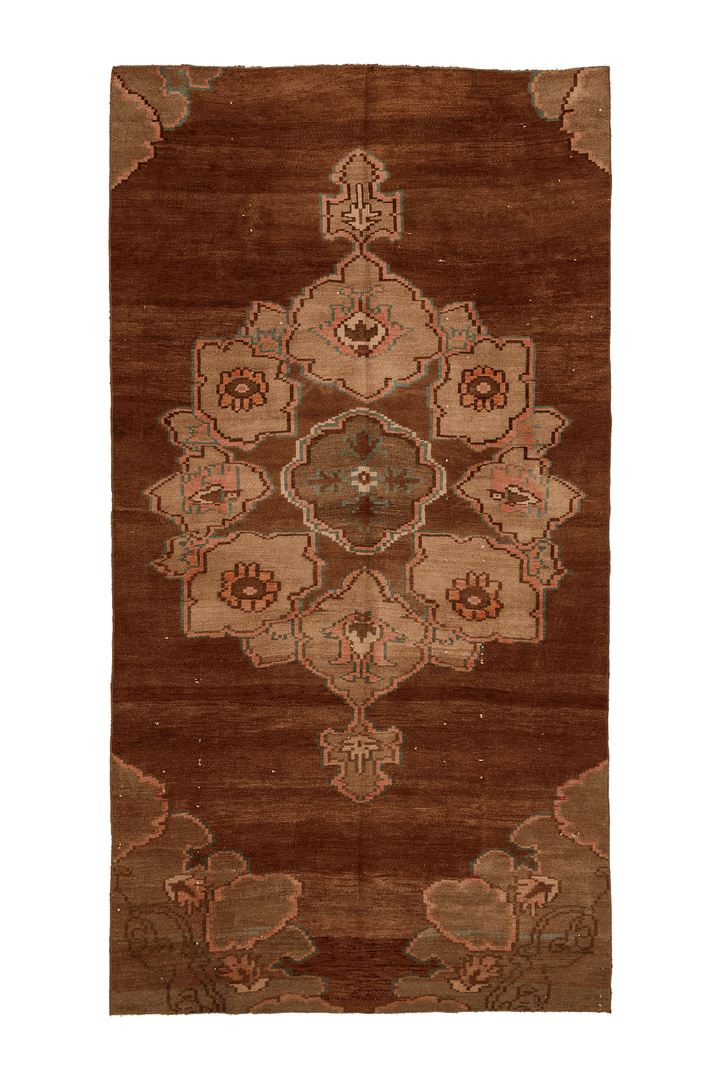 Vintage Kars Turkish Area Rug 6x11 ft — Brown & Beige Geometric