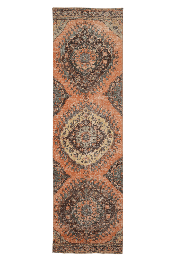 Vintage Konya Turkish Runner Rug 3x13 ft — Orange & Brown Geometric