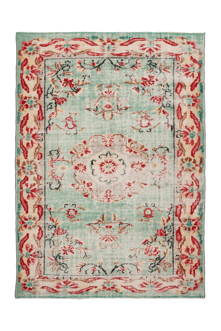 Vintage Manisa Turkish Area Rug 6x9 ft — Green & Red Floral
