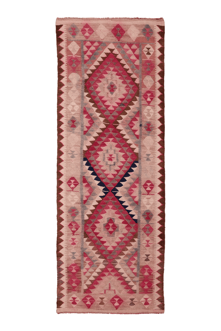 Vintage Southeastern Persian Style Kilim Runner Rug 3x8 ft — Pink & Beige Geometric
