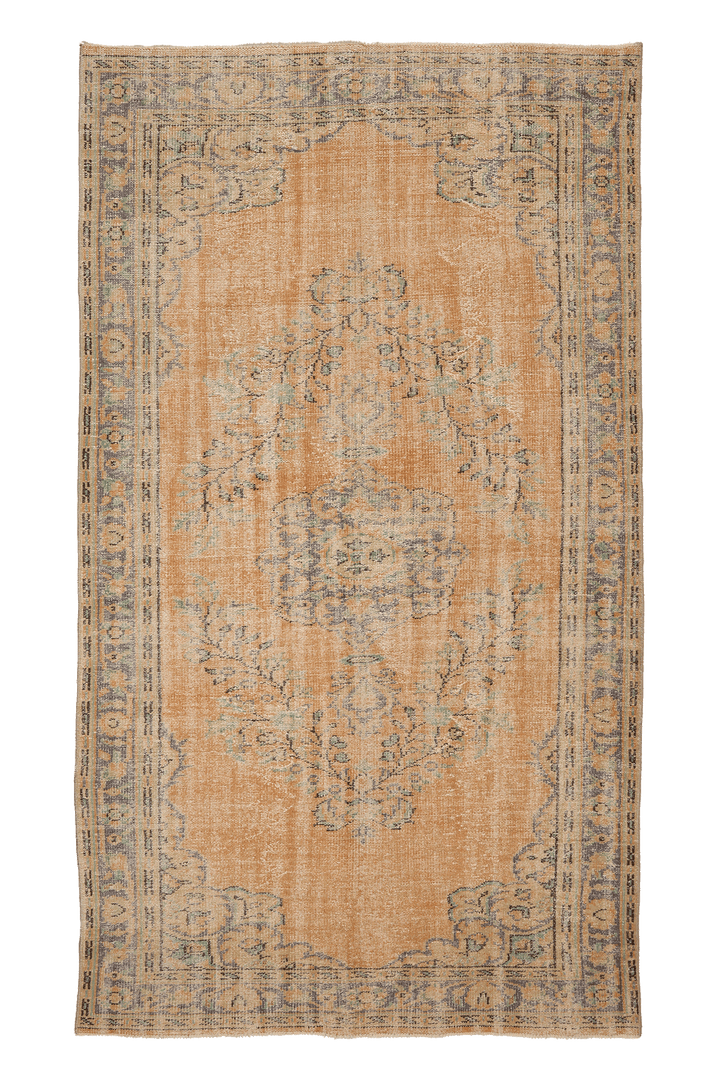 Vintage Manisa Turkish Area Rug 5x9 ft — Orange & Blue Distressed