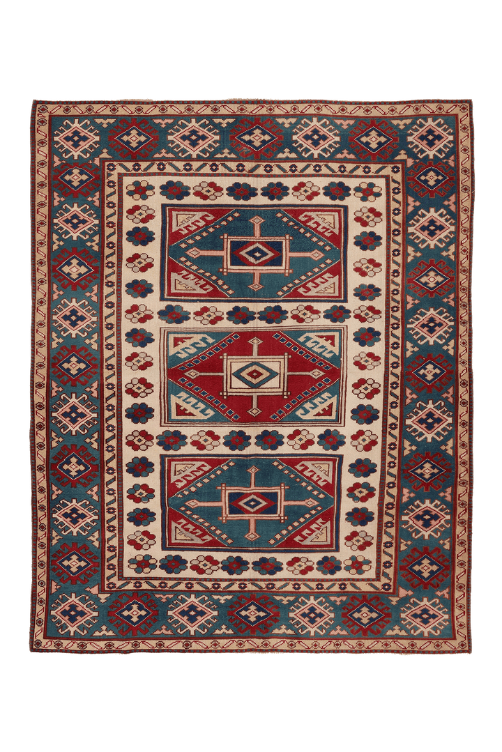 Vintage Muğla Turkish Area Rug 5x7 ft — Blue & Red Geometric