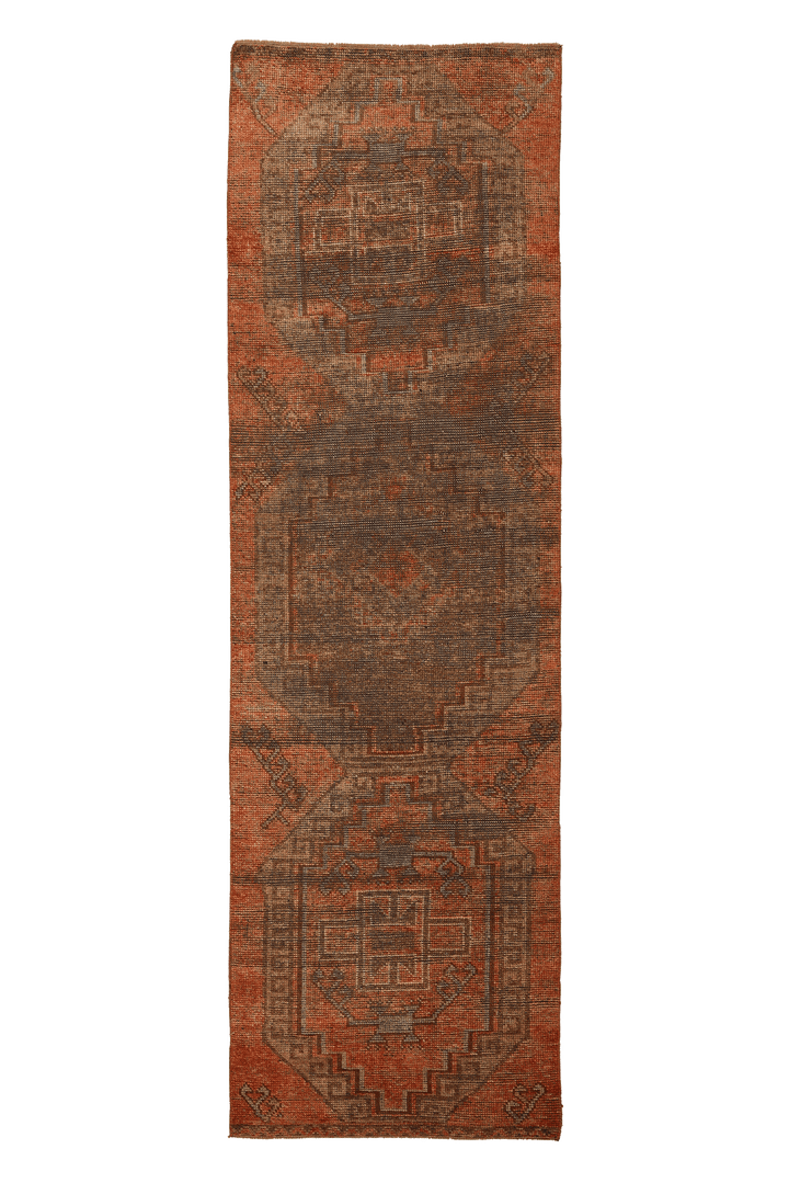 Vintage Malatya Turkish Runner Rug 3x10 ft — Orange & Brown Geometric