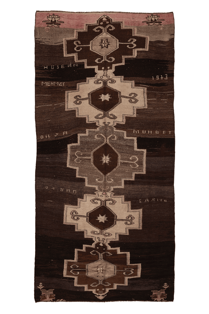 Vintage Kars Turkish Area Rug 5x11 ft — Brown & Beige Geometric