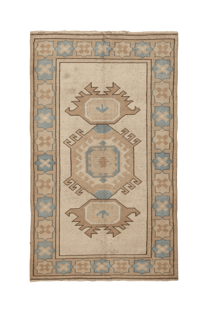 Vintage Uşak Turkish Area Rug 4x6 ft — Beige & Blue Geometric