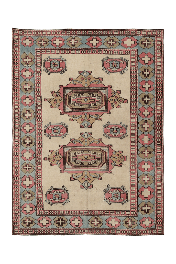 Vintage Niğde Turkish Area Rug 5x7 ft — Beige & Pink Geometric
