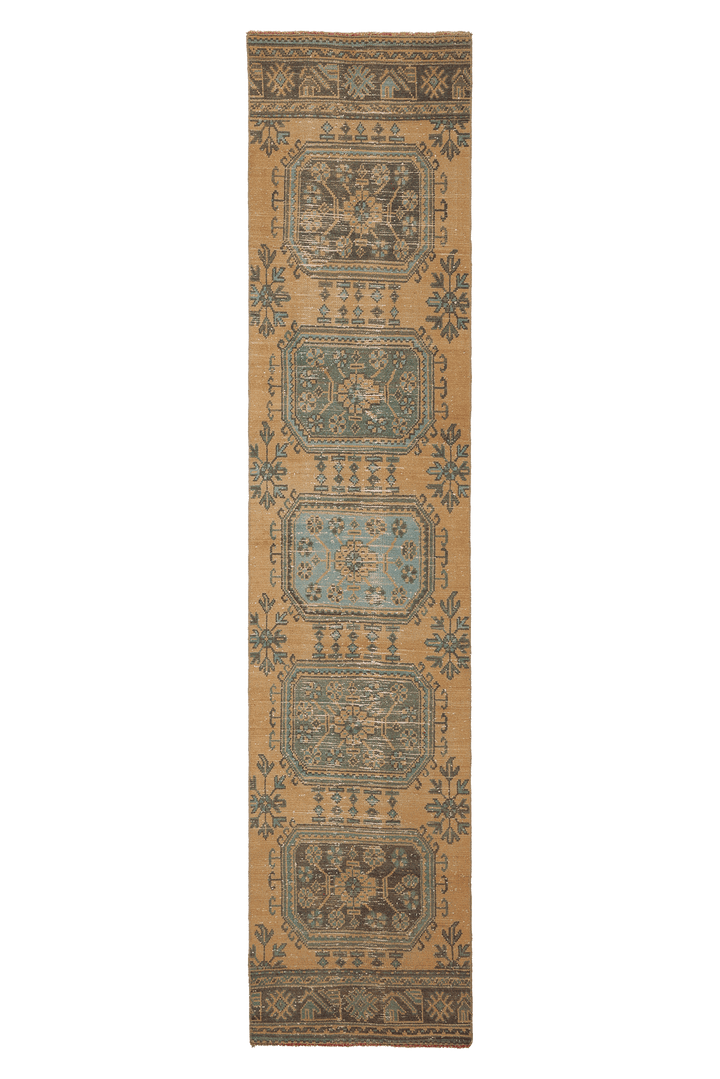 Vintage Konya Turkish Runner Rug 2x11 ft — Beige & Green Geometric