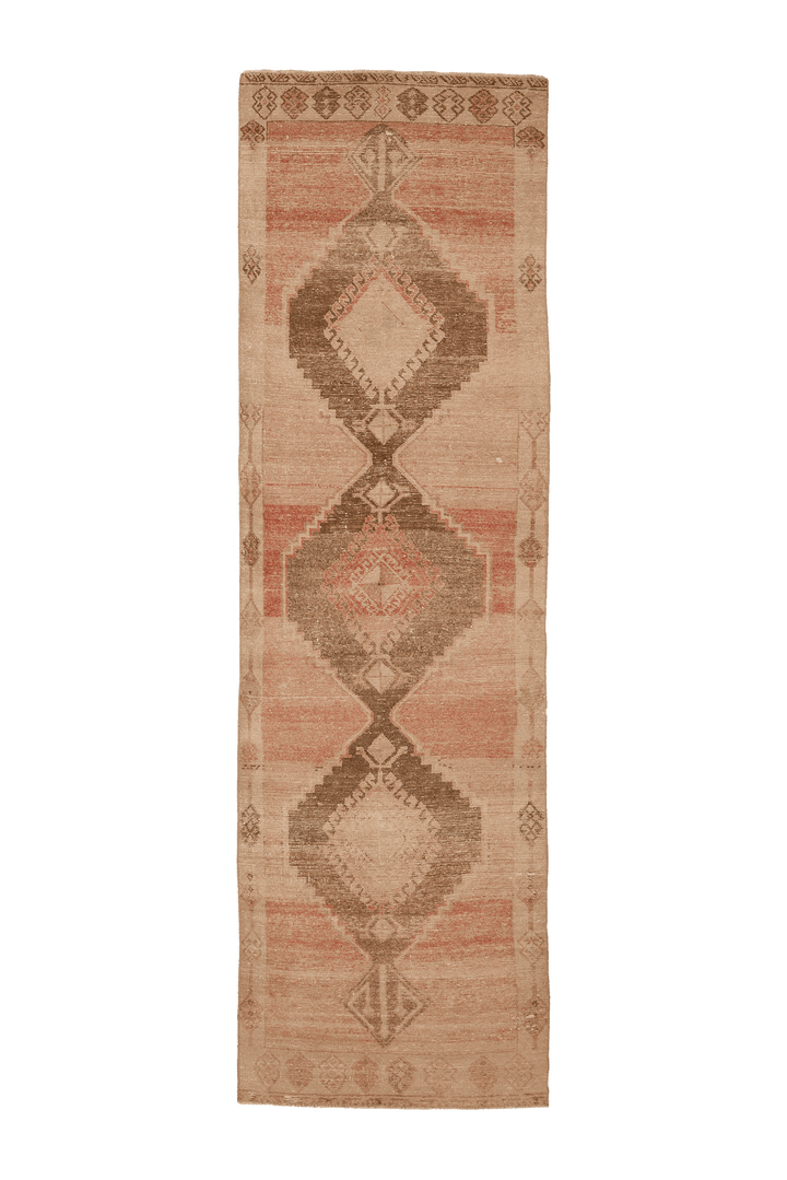 Vintage Malatya Turkish Runner Rug 4x12 ft — Beige & Brown Geometric