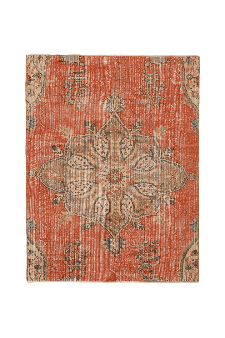 Vintage Isparta Turkish Area Rug 4x6 ft — Red & Brown Floral