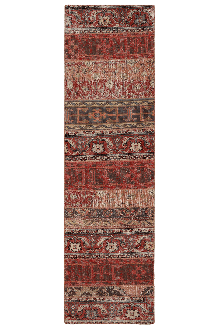 Vintage Malatya Turkish Runner Rug 2x8 ft — Red & Brown Patchwork