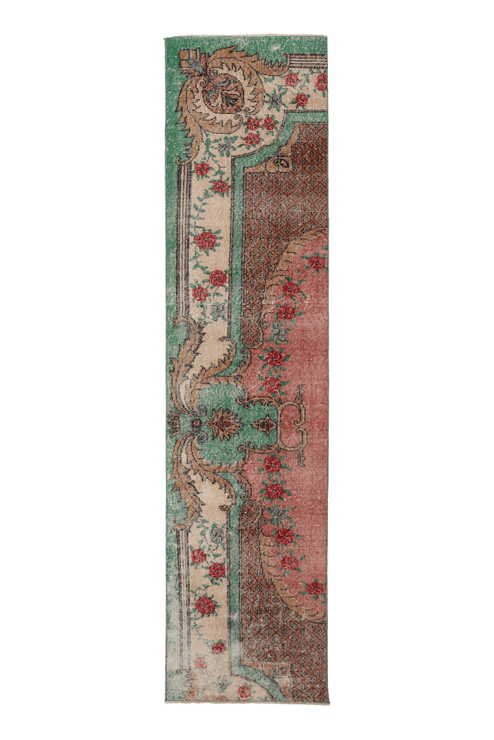 Vintage Isparta Turkish Runner Rug 2x9 ft — Green & Red Floral
