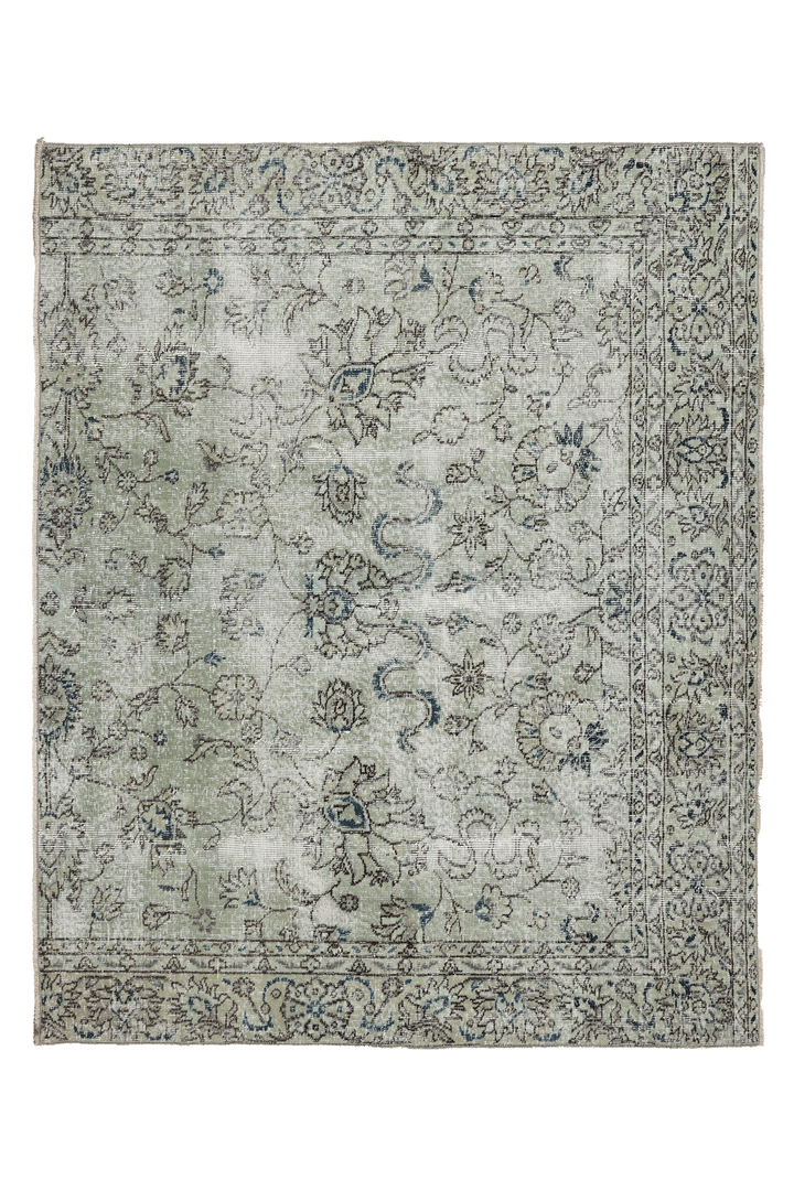 Vintage Isparta Turkish Area Rug 5x6 ft — Green & Blue Floral