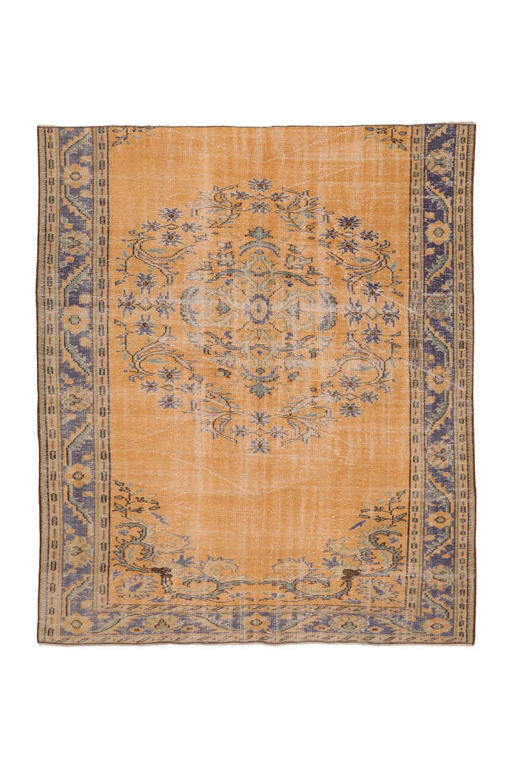 Vintage Manisa Turkish Area Rug 6x7 ft — Orange & Blue Floral (No. 53902)