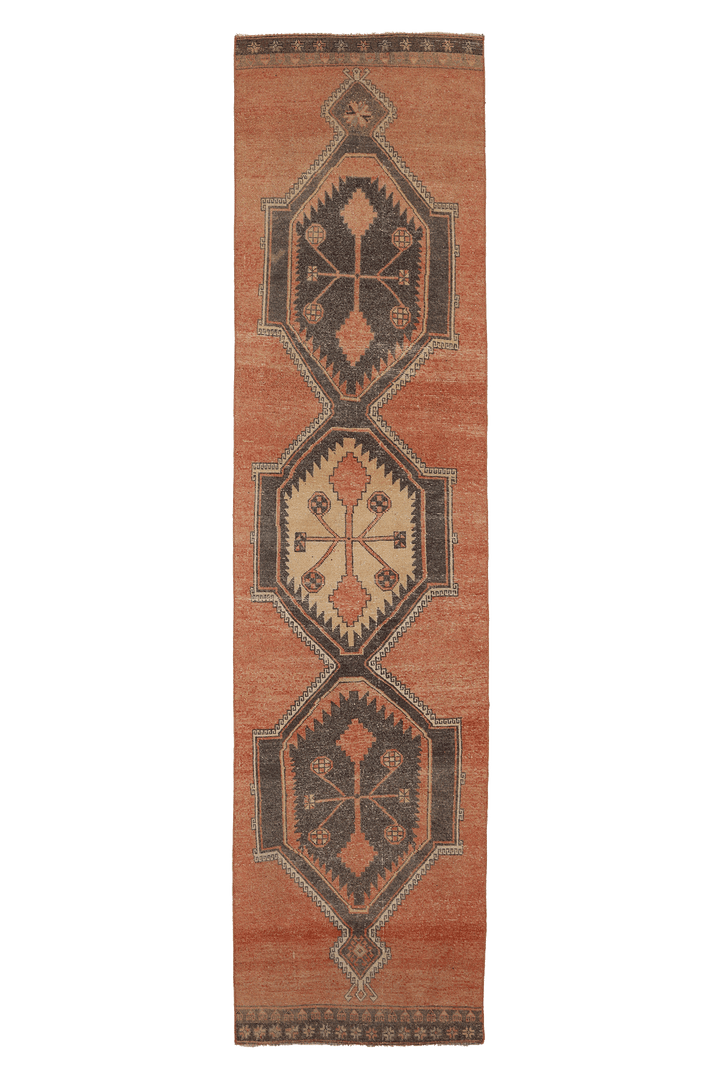 Vintage Malatya Turkish Runner Rug 3x12 ft — Orange & Brown Geometric