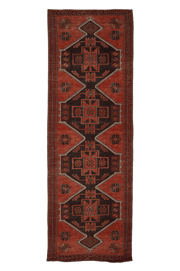 Vintage Malatya Turkish Runner Rug 4x12 ft — Red & Brown Geometric