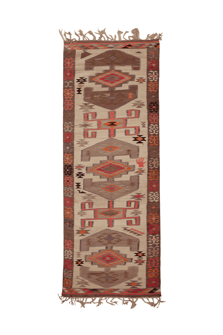 Vintage Southeastern Persian Style Kilim Runner Rug 3x11 ft — Beige & Brown Geometric