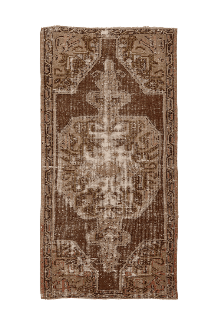 Vintage Elazığ Turkish Area Rug 3x7 ft — Brown & Beige Distressed