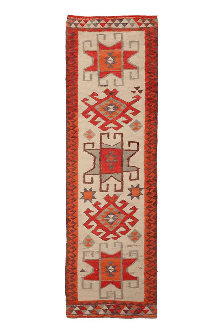 Vintage Southeastern Persian Style Kilim Runner Rug 3x11 ft — Beige & Red Geometric