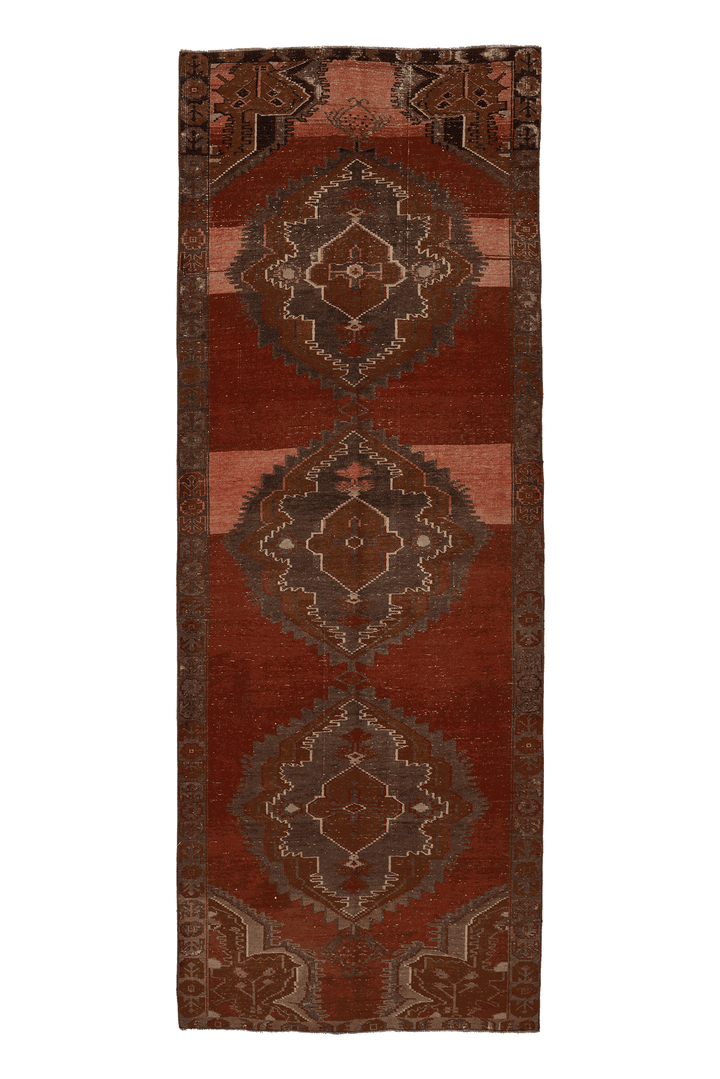 Vintage Kars Turkish Runner Rug 4x11 ft — Red & Brown Geometric