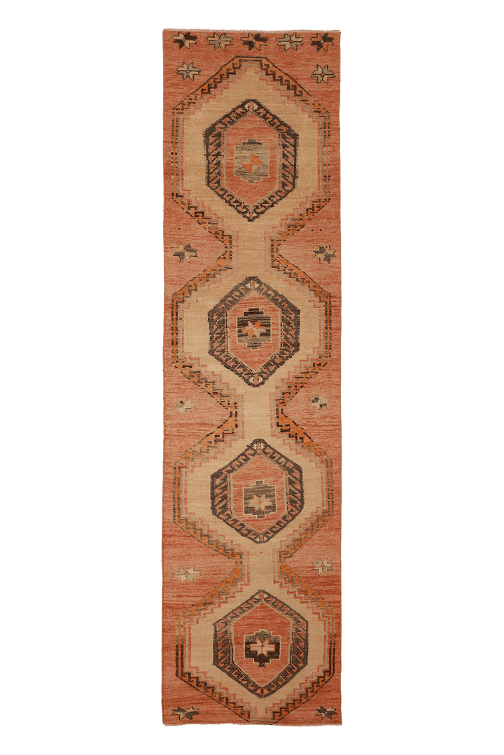 Vintage Malatya Turkish Runner Rug 3x11 ft — Orange & Beige Geometric