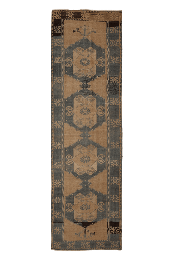 Vintage Malatya Turkish Runner Rug 4x12 ft — Beige & Blue Geometric