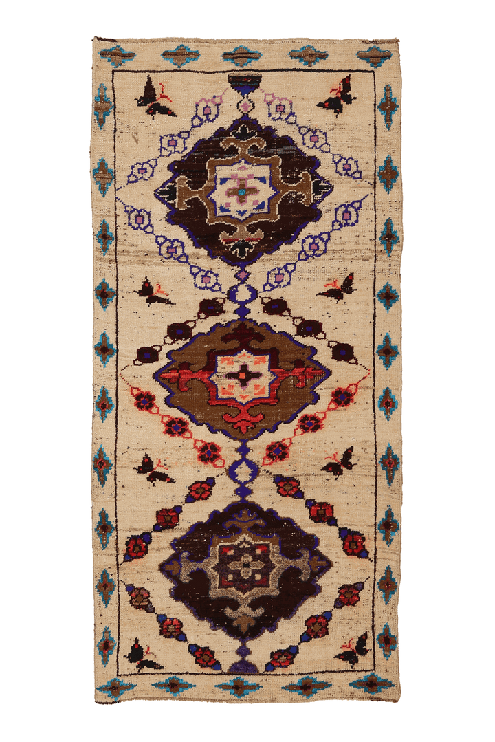 Vintage Konya Turkish Runner Rug 3x7 ft — Beige & Brown Geometric
