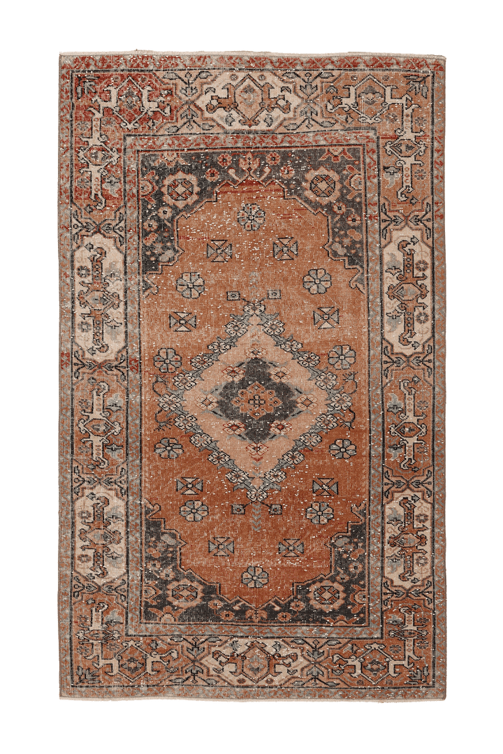 Vintage Isparta Turkish Area Rug 4x7 ft — Brown & Beige Floral