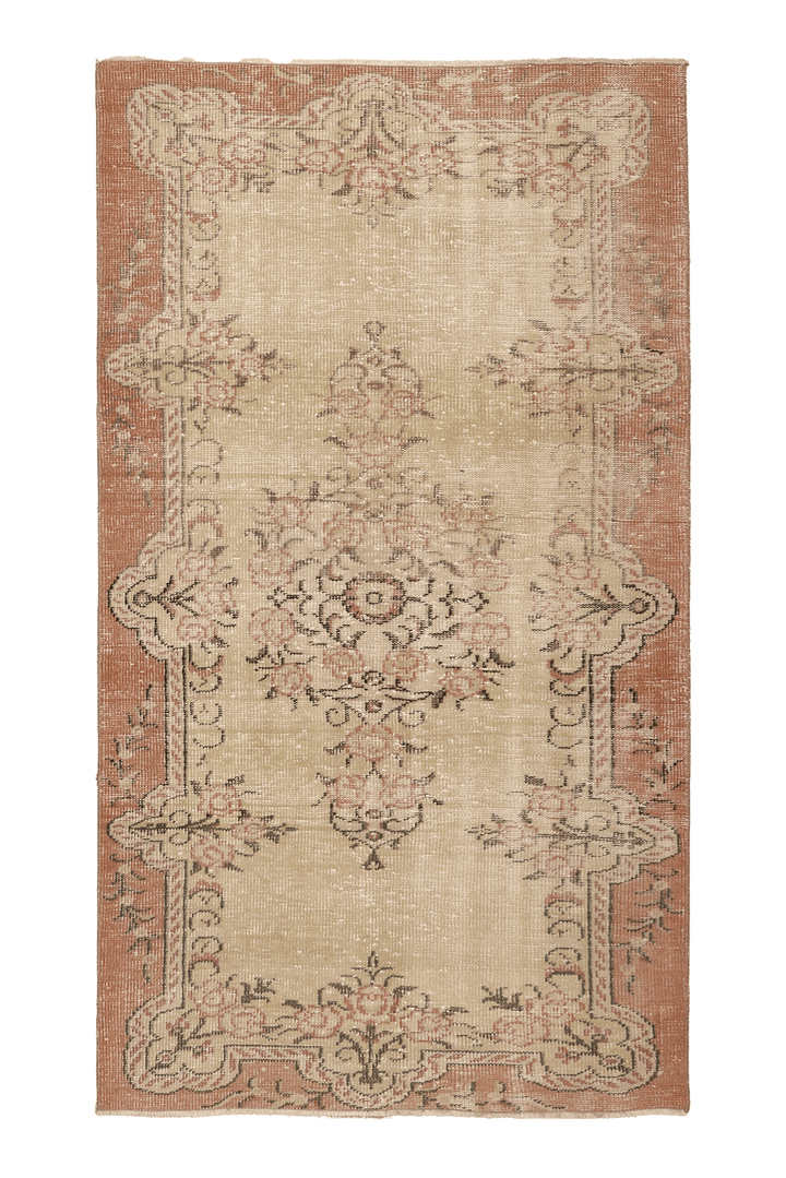 Vintage Isparta Turkish Area Rug 4x7 ft — Beige & Orange Floral