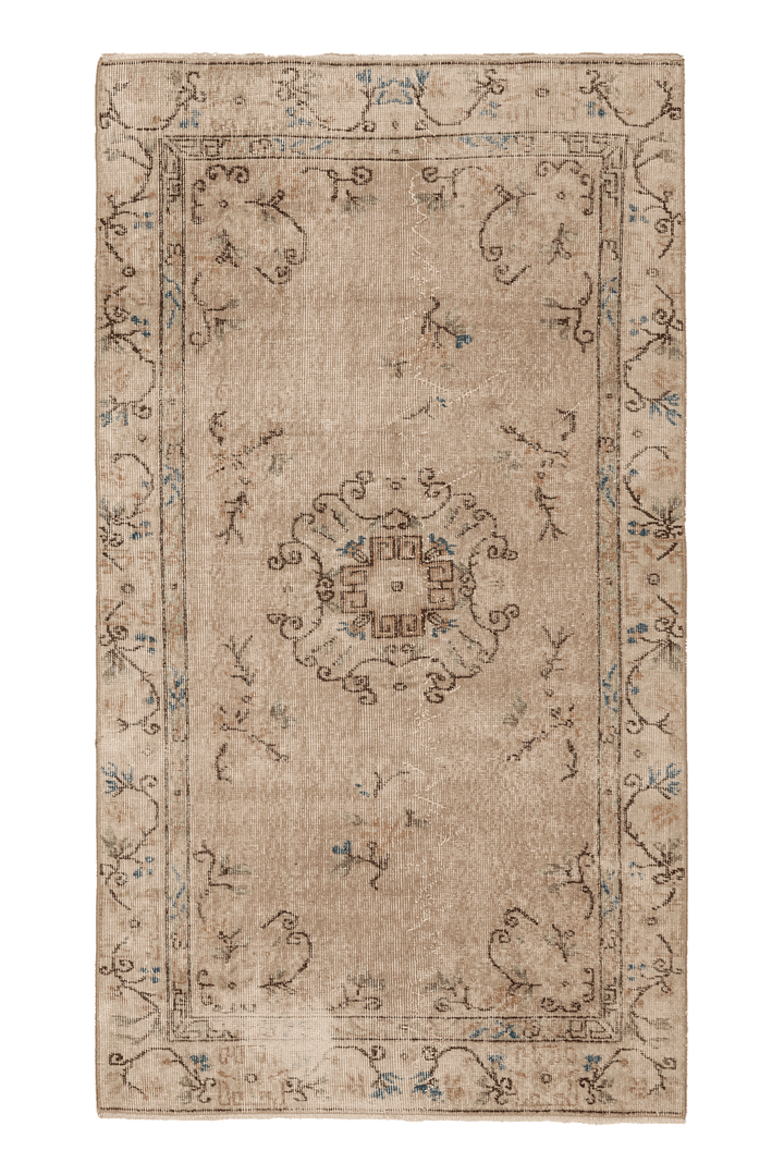 Vintage Isparta Turkish Area Rug 4x6 ft — Beige & Brown Floral