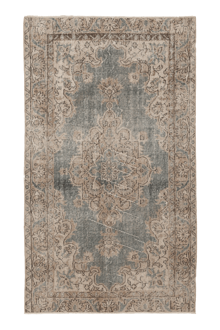 Vintage Isparta Turkish Area Rug 4x6 ft — Blue & Beige Floral