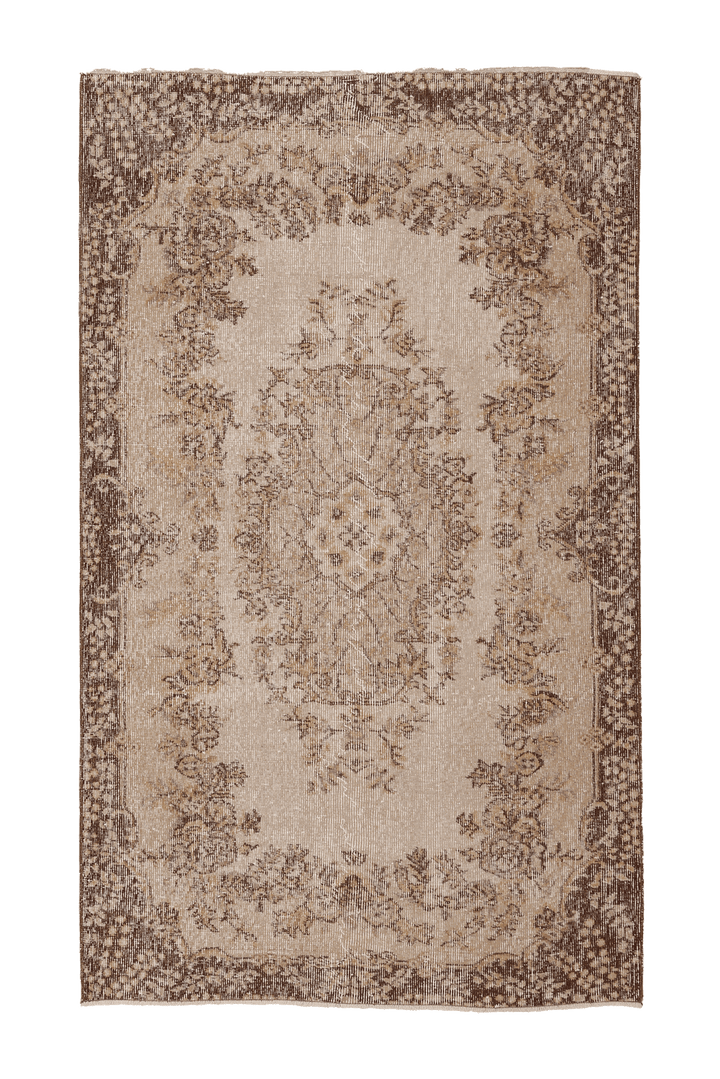 Vintage Isparta Turkish Area Rug 4x7 ft — Beige & Brown Floral