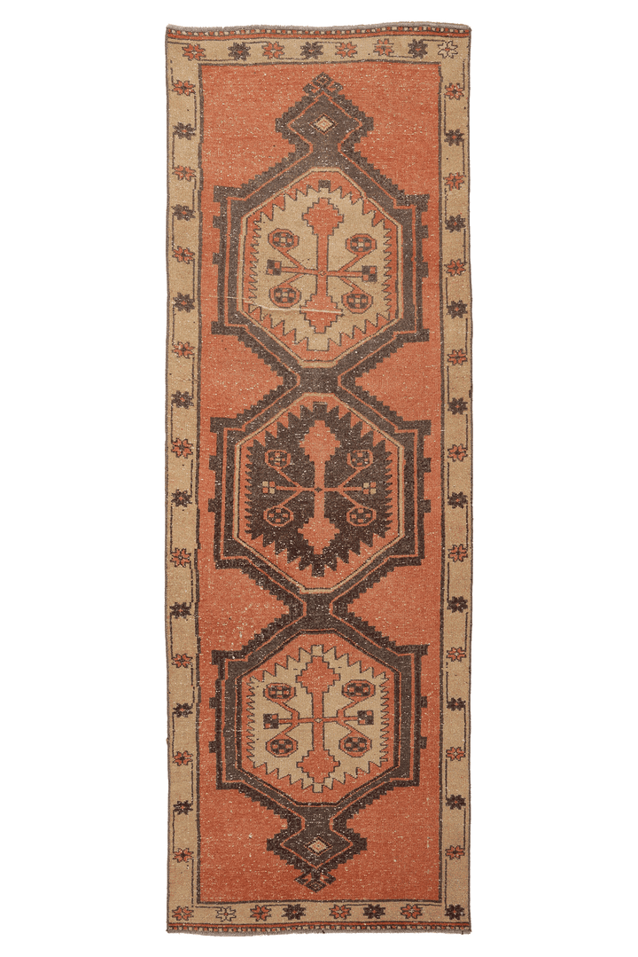 Vintage Malatya Turkish Runner Rug 3x10 ft — Orange & Brown Geometric