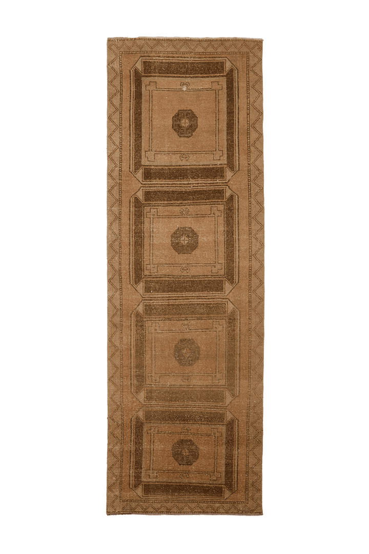 Vintage Malatya Turkish Runner Rug 4x12 ft — Brown & Beige Geometric