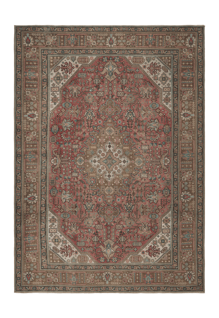 Oversized 7.7x11 ft Persian-style wool and cotton rug featuring red and brown floral motifs in a traditional bohemian design.