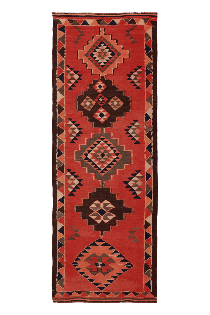 Vintage Southeastern Persian Style Kilim Runner Rug 3x8 ft — Red & Brown Geometric