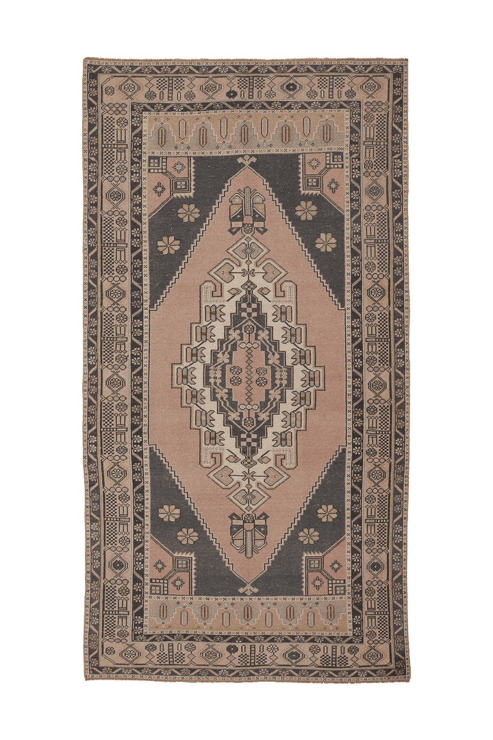 Vintage Kayseri Turkish Area Rug 4x8 ft — Pink & Gray Geometric